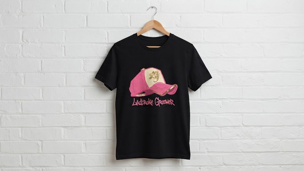 White & Black T Shirt with Pink Trucker LG logo