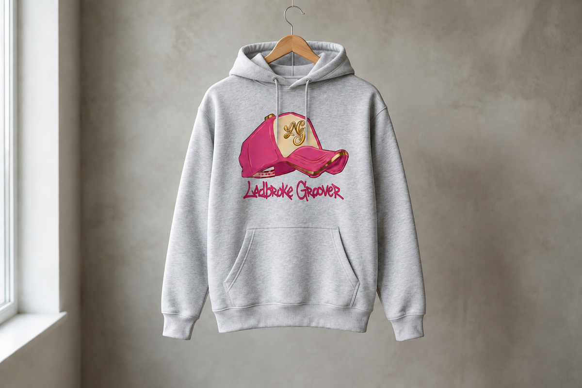 Ash grey hoodie with pink cap logo
