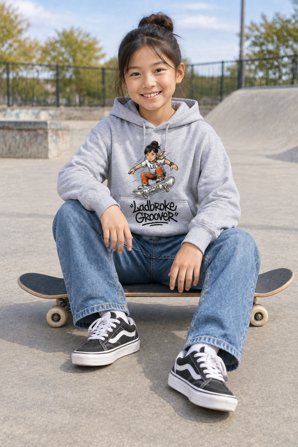 Girl sitting on a skateboard wearing the ash grey hoodie