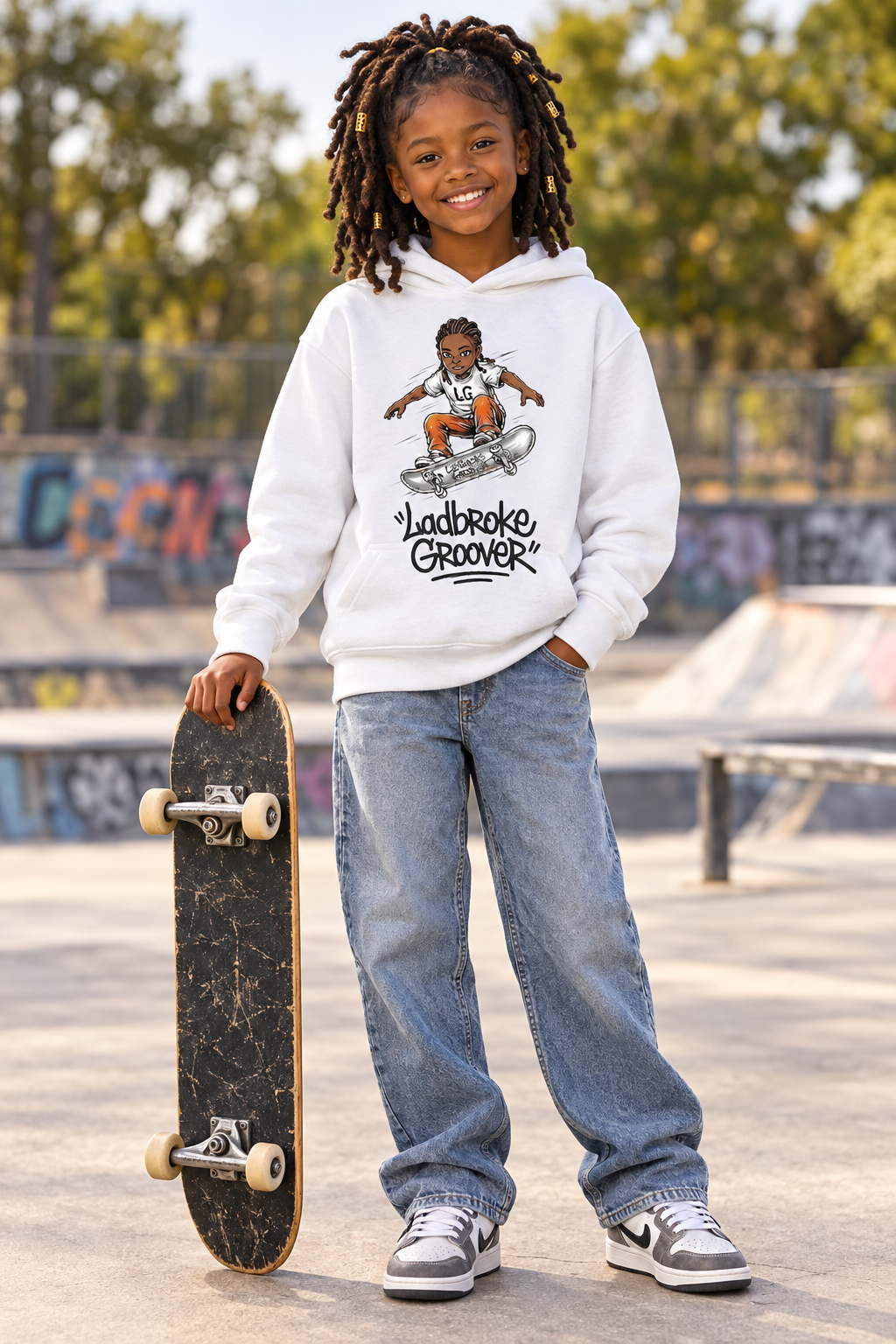 Girl with afro locs wearing a white graphic hoodie and holding a skateboard