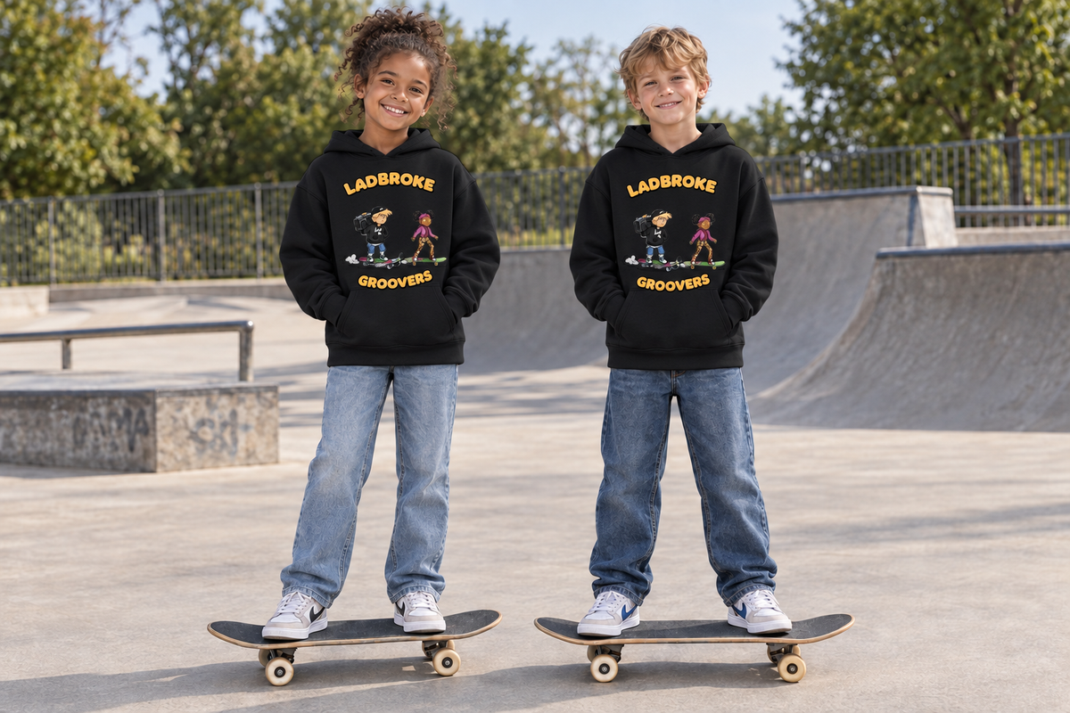 AI-generated girl and boy wearing black Ladbroke Groovers hoodies on skateboards