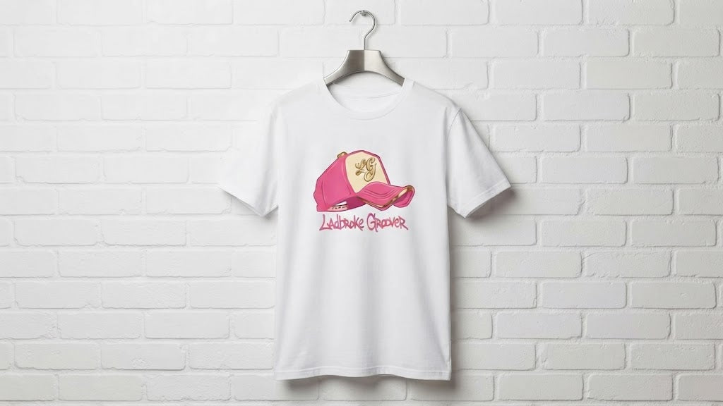 White & Black T Shirt with Pink Trucker LG logo