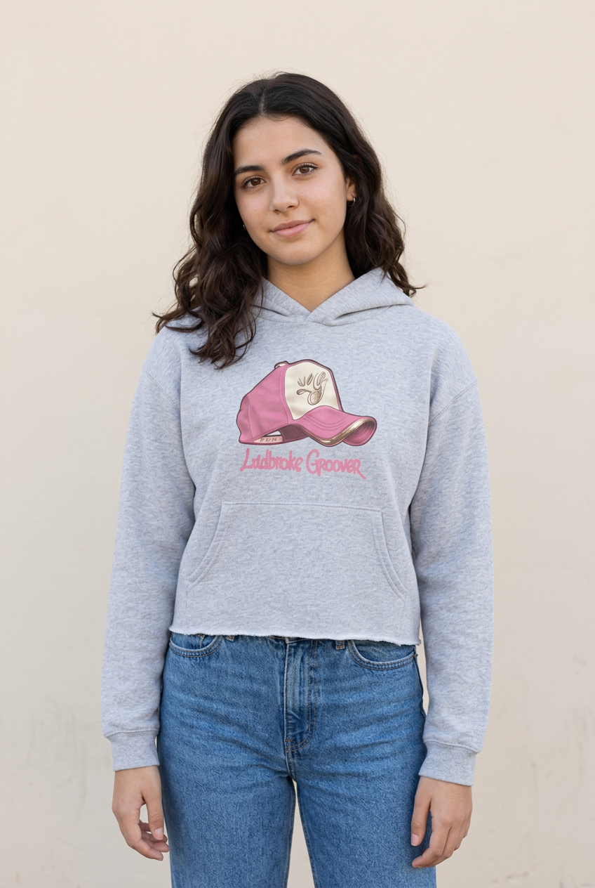 AI-generated teenage model wearing the grey Ladbroke Groover cropped hoodie