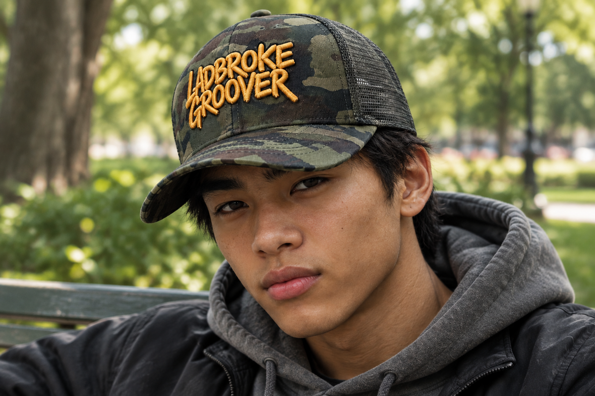 AI-generated teenager wearing the cap on a park bench