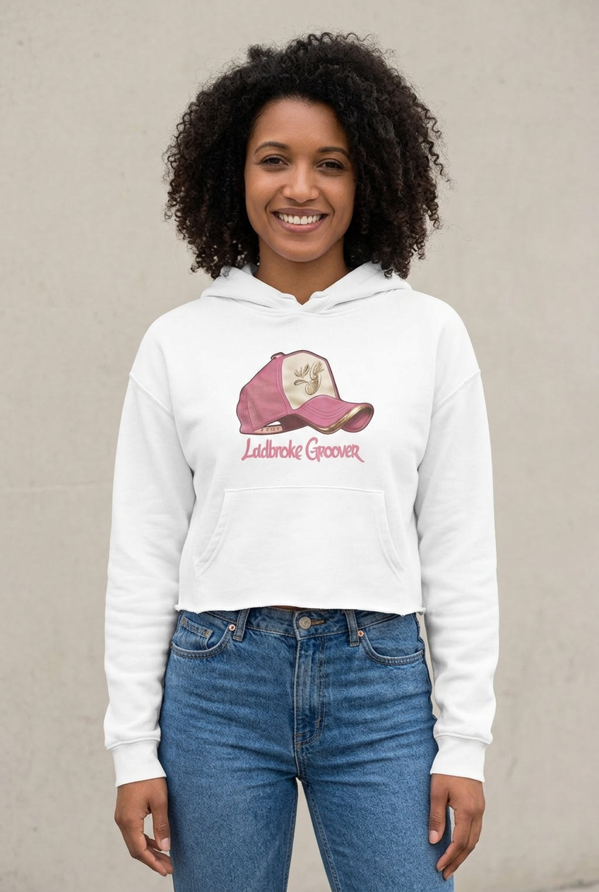 AI-generated woman in her 20s wearing a white Ladbroke Groover cropped hoodie