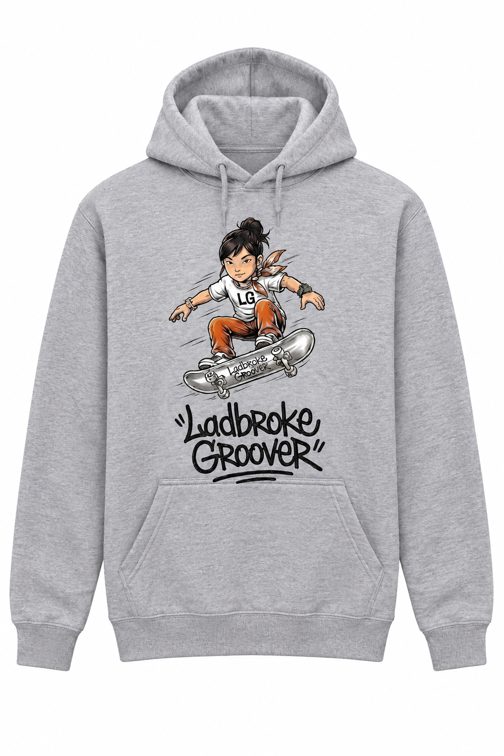 Ash grey hoodie with dark-haired skateboarder design