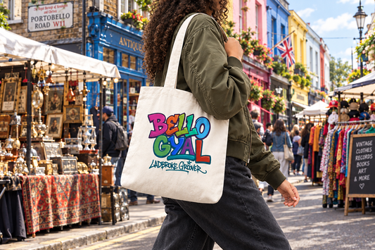 Bello Gyal tote with Portobello Road Market background