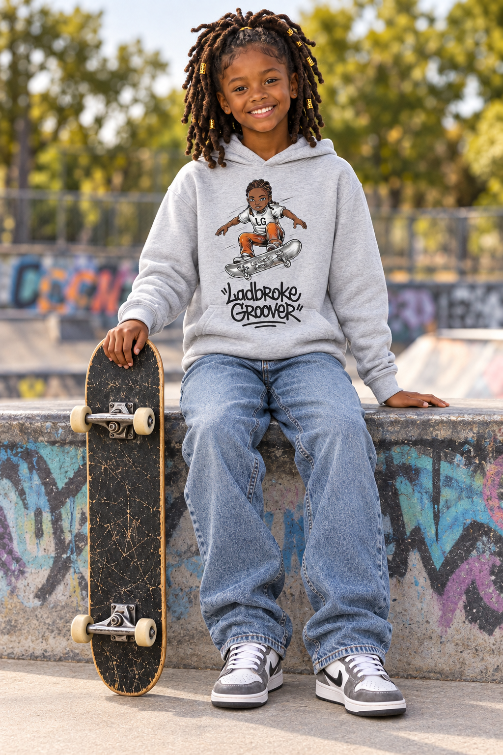 Girl wearing ash grey skateboard hoodie in a seated pose