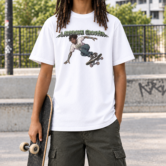 Teen with long dreads wearing white Ladbroke Groover skateboard T-shirt, full shirt shown and skateboard at side