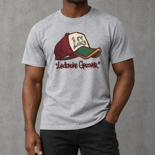 Grey Ladbroke Groover LG cap T-shirt worn by a muscular Black man, face out of frame