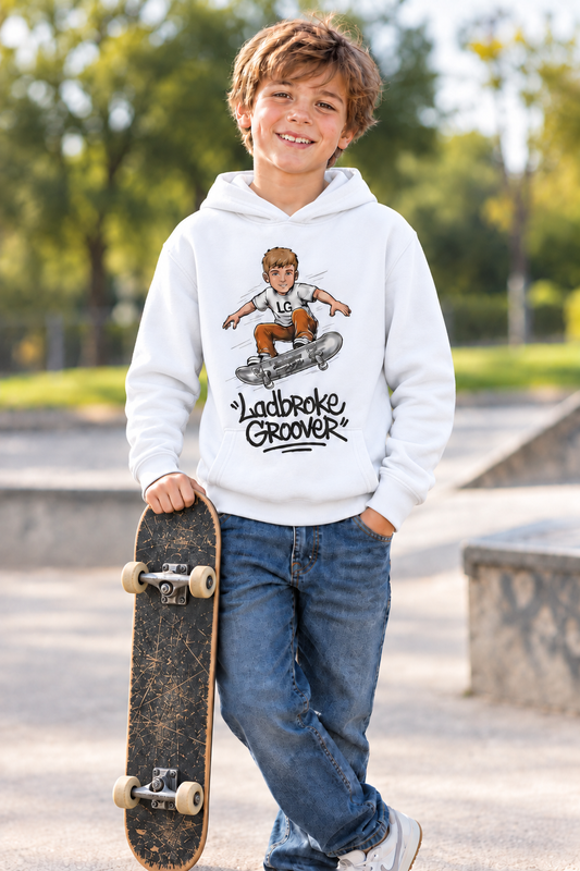 AI-generated boy wearing white skateboarder hoodie holding a skateboard