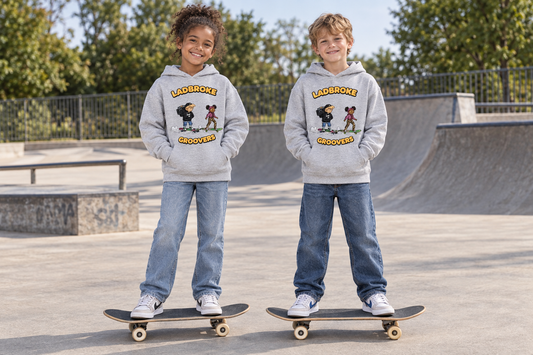 Two AI-generated children wearing ash grey hoodies on skateboards